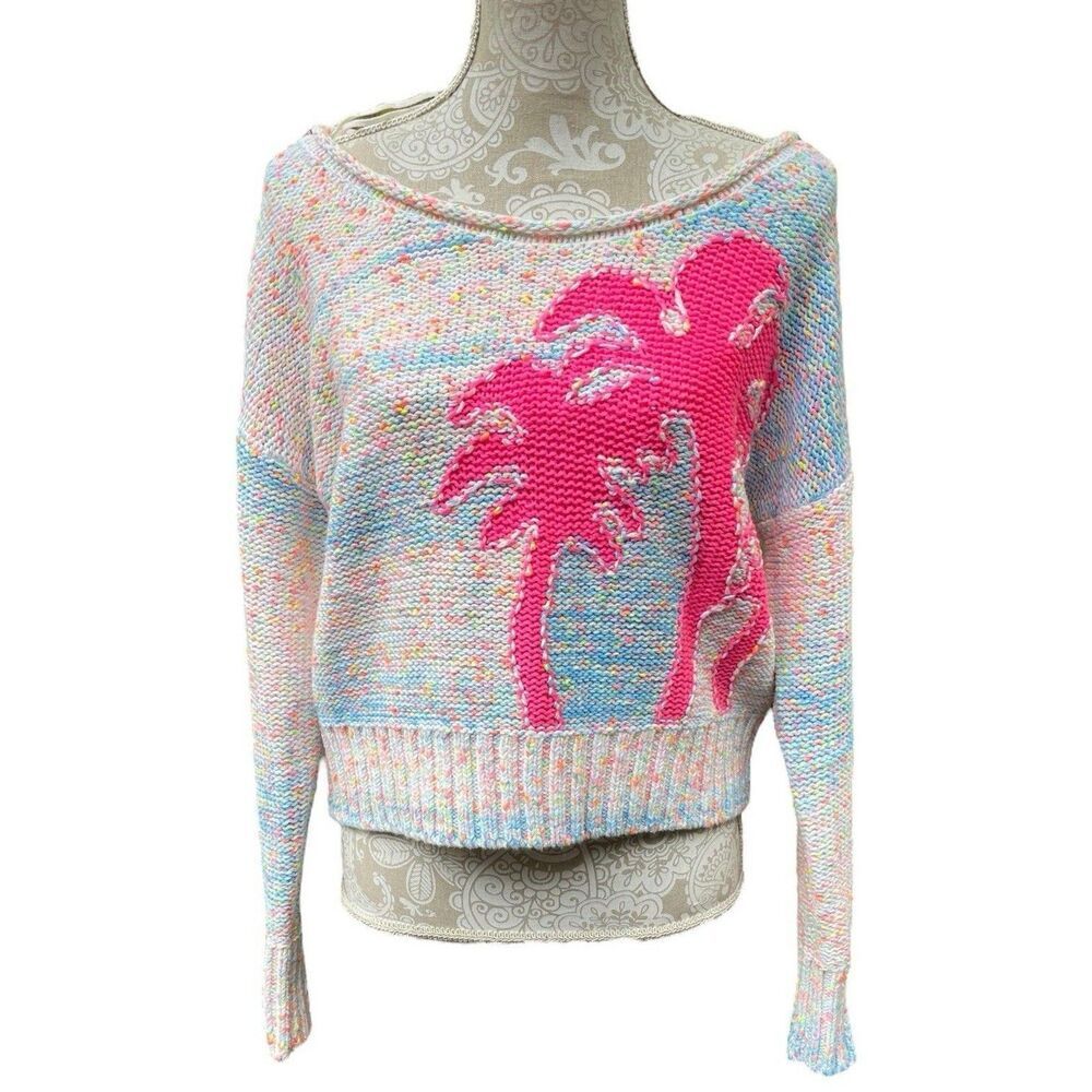 By Anthropologie Palm Tree Neon Speckle Sweater XS Coastal Boho Beach Knit Relax